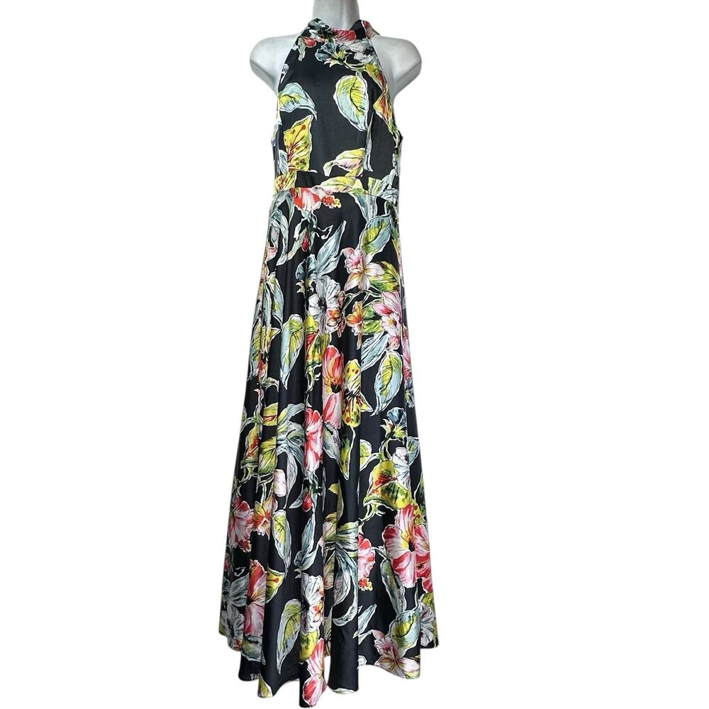 Nicole Miller New York Black Floral Print Halter Maxi Dress Size 6 - Picture 2 of 8